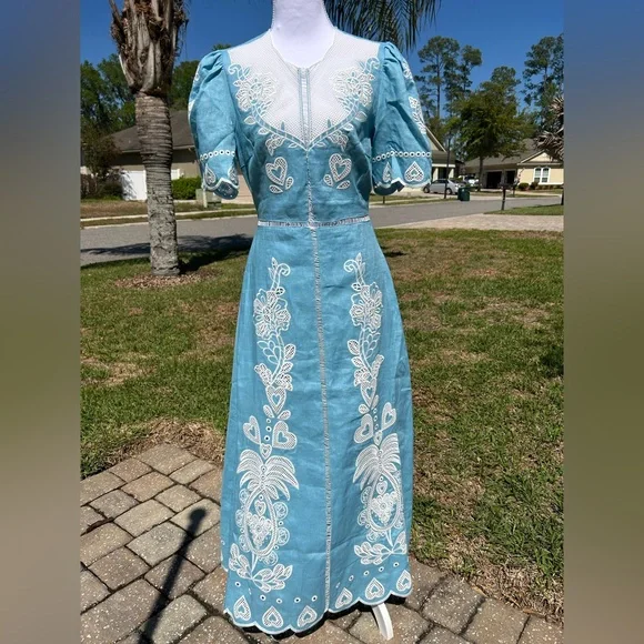 NWT🌷Farm Rio Floral Embroidery Linen Short Sleeve Open Back Midi Dress - Picture 3 of 12